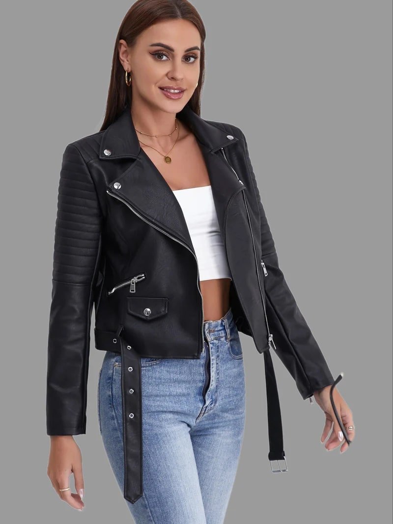 Women's cropped biker jacket Lowri in Black – front view
