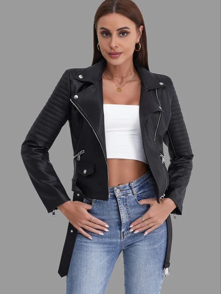 Women's cropped biker jacket Lowri in Black – open front view