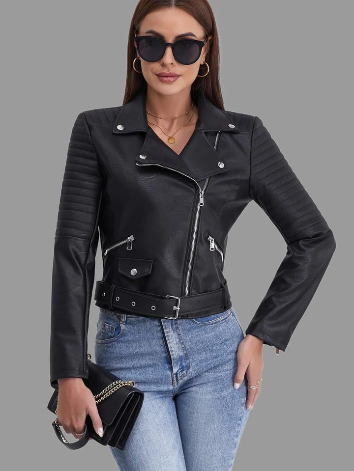 Women's cropped biker jacket Lowri in Black – belted front view
