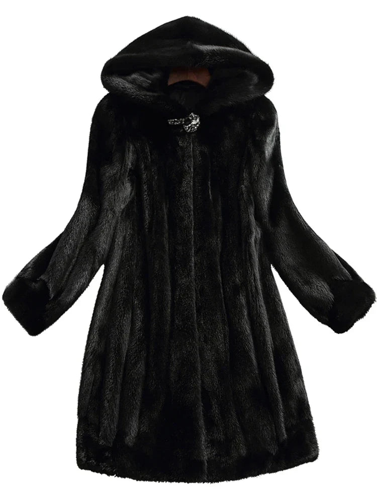 Dornoch women's hooded faux fur coat in Black – front view flat