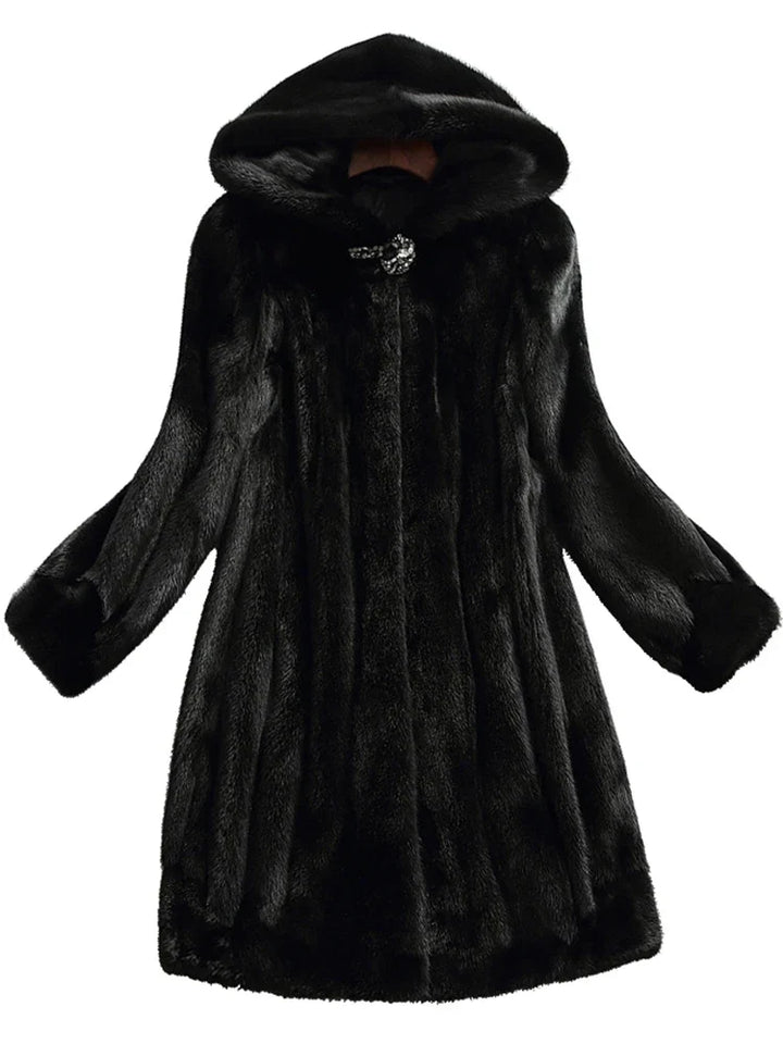 Dornoch women's hooded faux fur coat in Black – front view flat