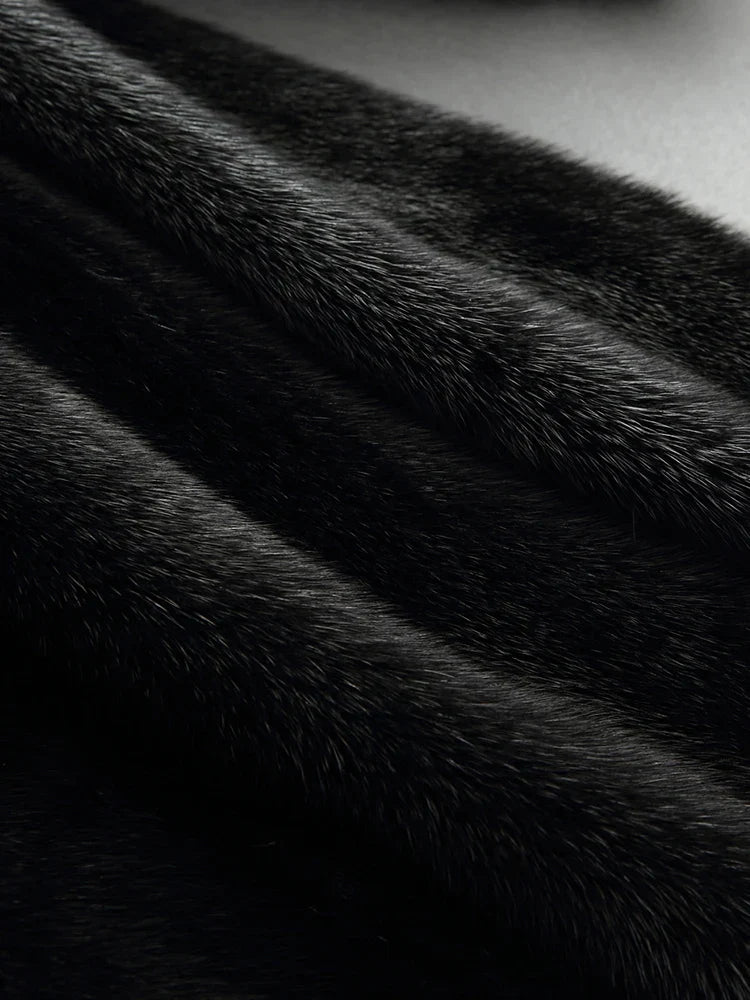 Dornoch women's hooded faux fur coat in Black – faux fur texture close-up