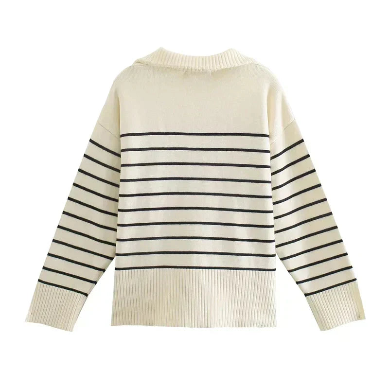 Women's Cream Striped Half-Zip Knit Jumper Merle – Cream – back