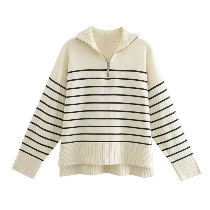 Women's Cream Striped Half-Zip Knit Jumper Merle – Cream – front
