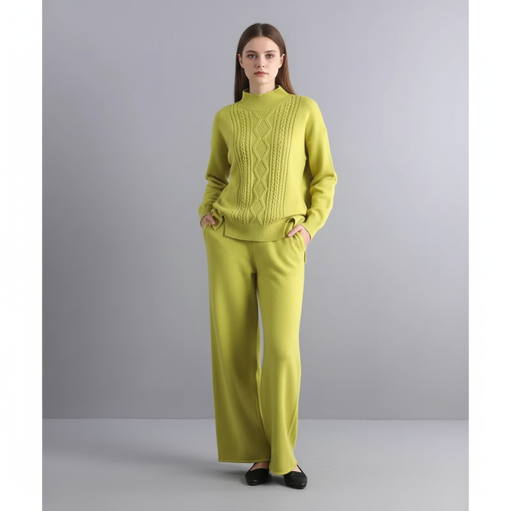 Women's Cable Knit Loungewear Set with Wide Leg Trousers
