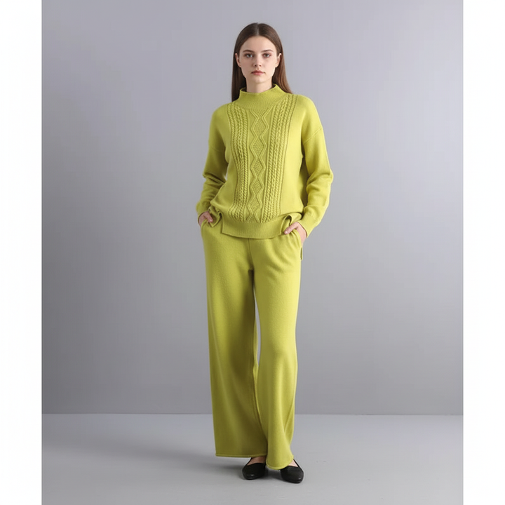 Women's Cable Knit Loungewear Set with Wide Leg Trousers