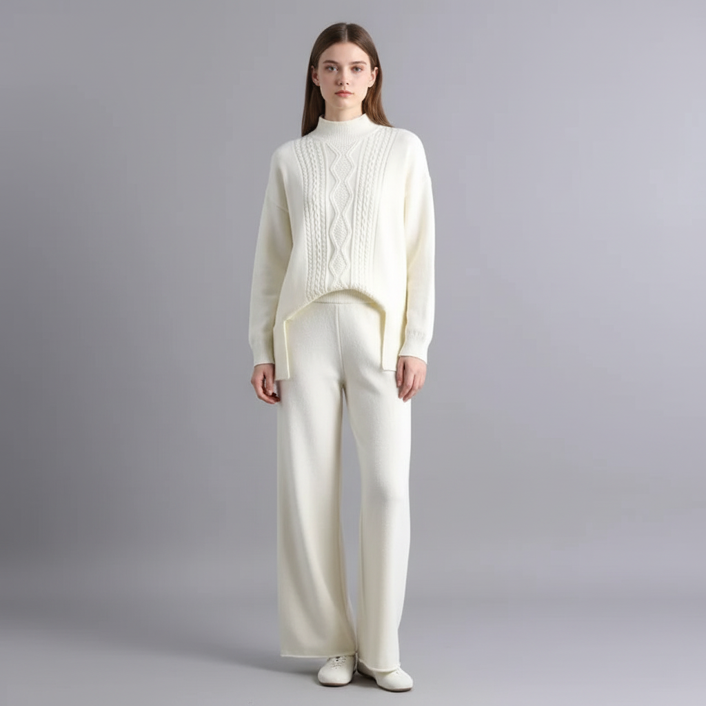 Women's Cable Knit Loungewear Set with Wide Leg Trousers