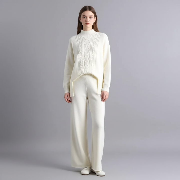 Women's Cable Knit Loungewear Set with Wide Leg Trousers