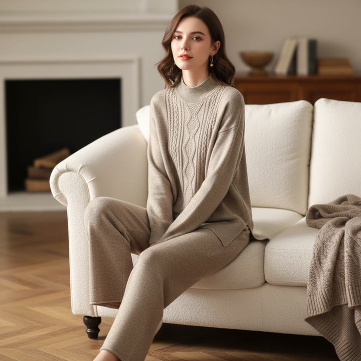 Women's Cable Knit Loungewear Set with Wide Leg Trousers