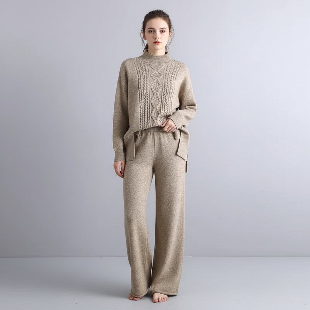 Women's Cable Knit Loungewear Set with Wide Leg Trousers