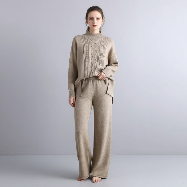 Women's Cable Knit Loungewear Set with Wide Leg Trousers