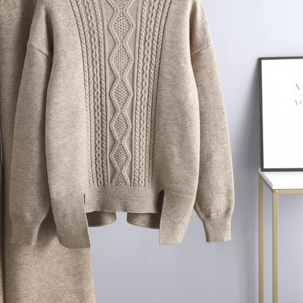 Women's Cable Knit Loungewear Set with Wide Leg Trousers