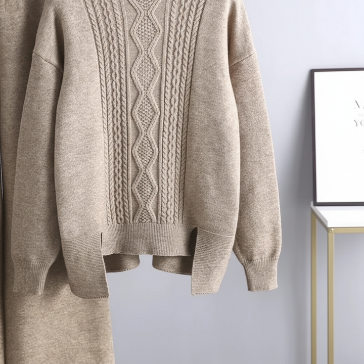 Women's Cable Knit Loungewear Set with Wide Leg Trousers
