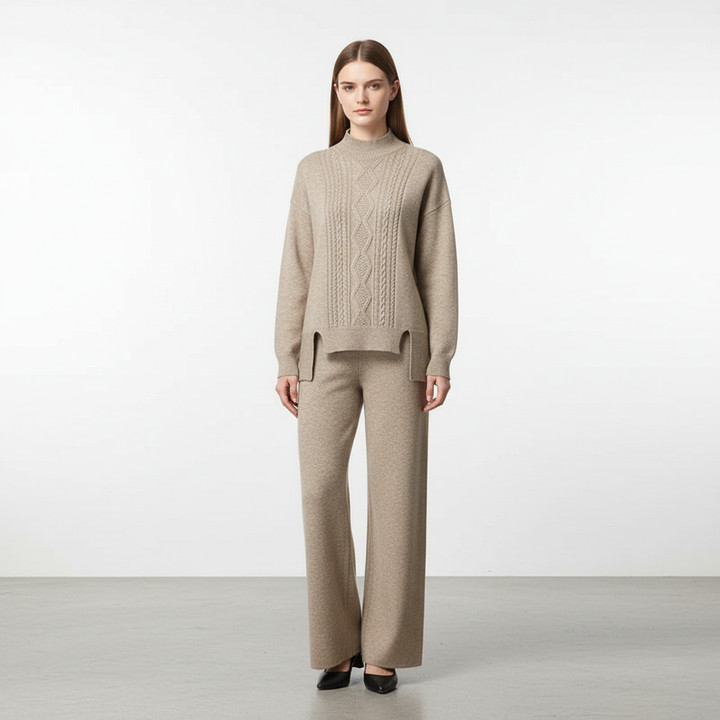 Women's Cable Knit Loungewear Set with Wide Leg Trousers