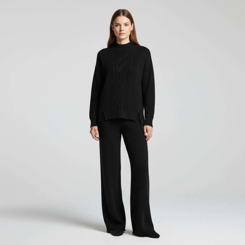Women's Cable Knit Loungewear Set with Wide Leg Trousers