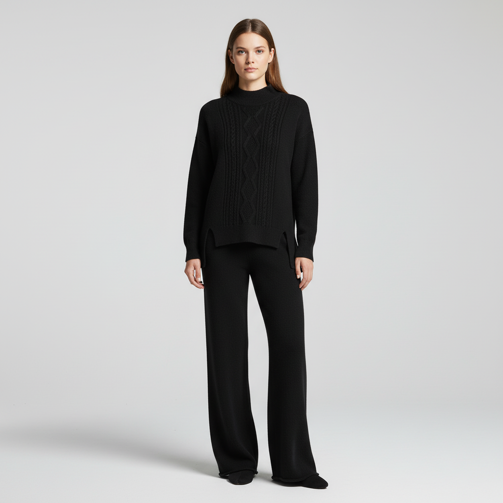 Women's Cable Knit Loungewear Set with Wide Leg Trousers
