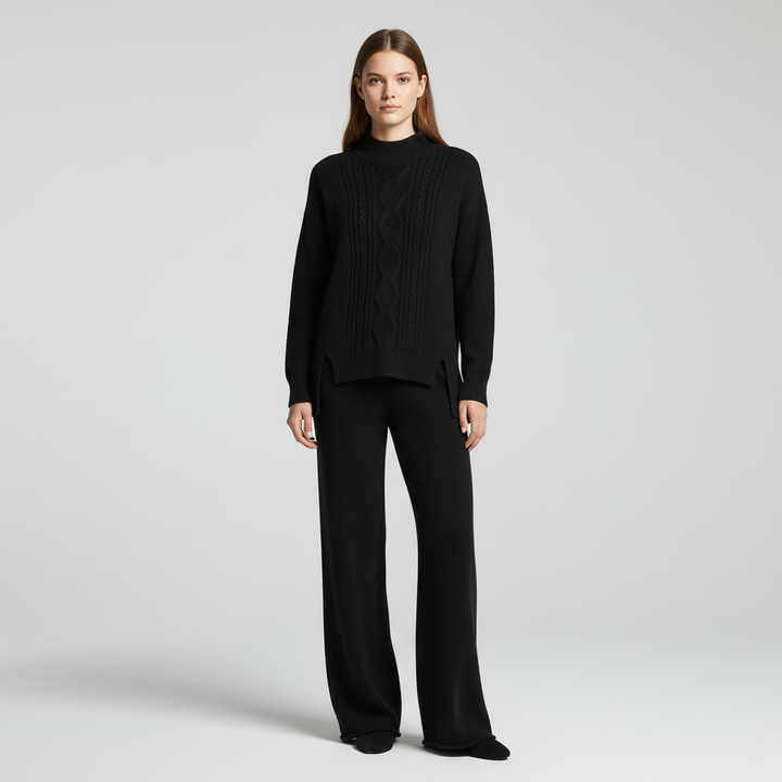 Women's Cable Knit Loungewear Set with Wide Leg Trousers