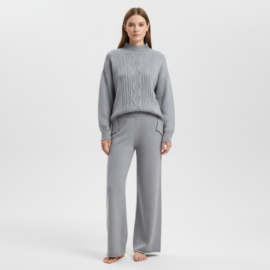 Women's Cable Knit Loungewear Set with Wide Leg Trousers