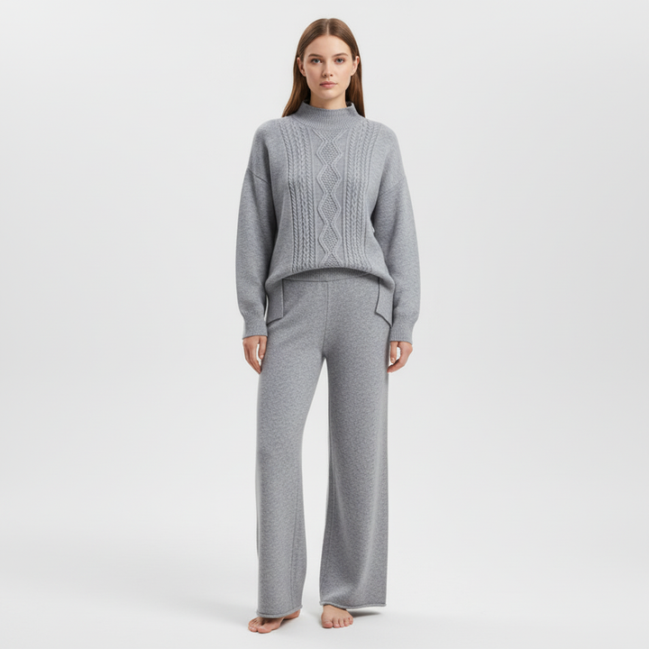 Women's Cable Knit Loungewear Set with Wide Leg Trousers