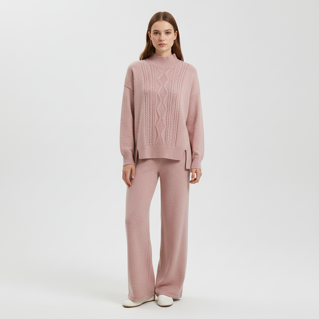 Women's Cable Knit Loungewear Set with Wide Leg Trousers