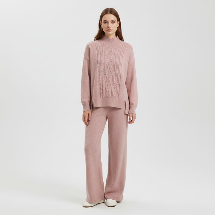 Women's Cable Knit Loungewear Set with Wide Leg Trousers