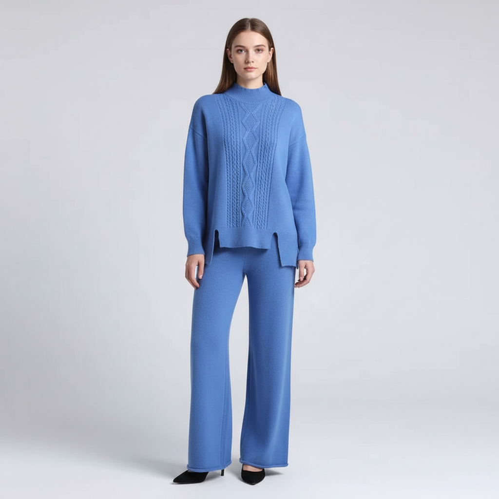 Women's Cable Knit Loungewear Set with Wide Leg Trousers