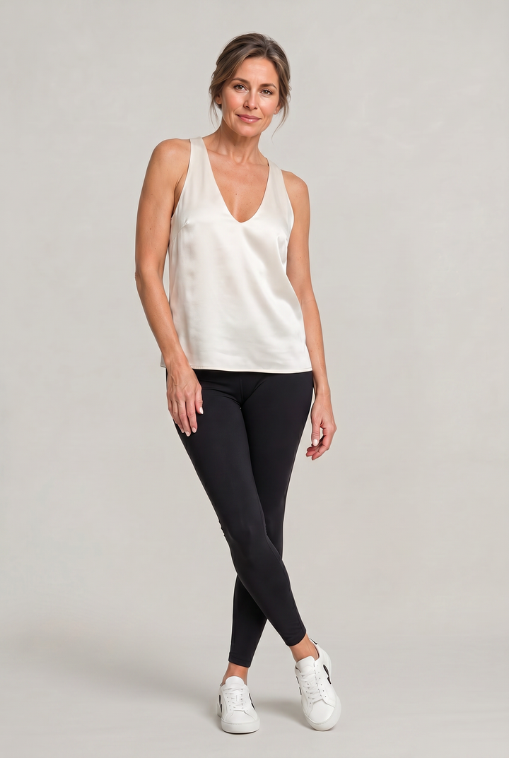 Isolde deep V-neck satin cami top in White – full-length outfit