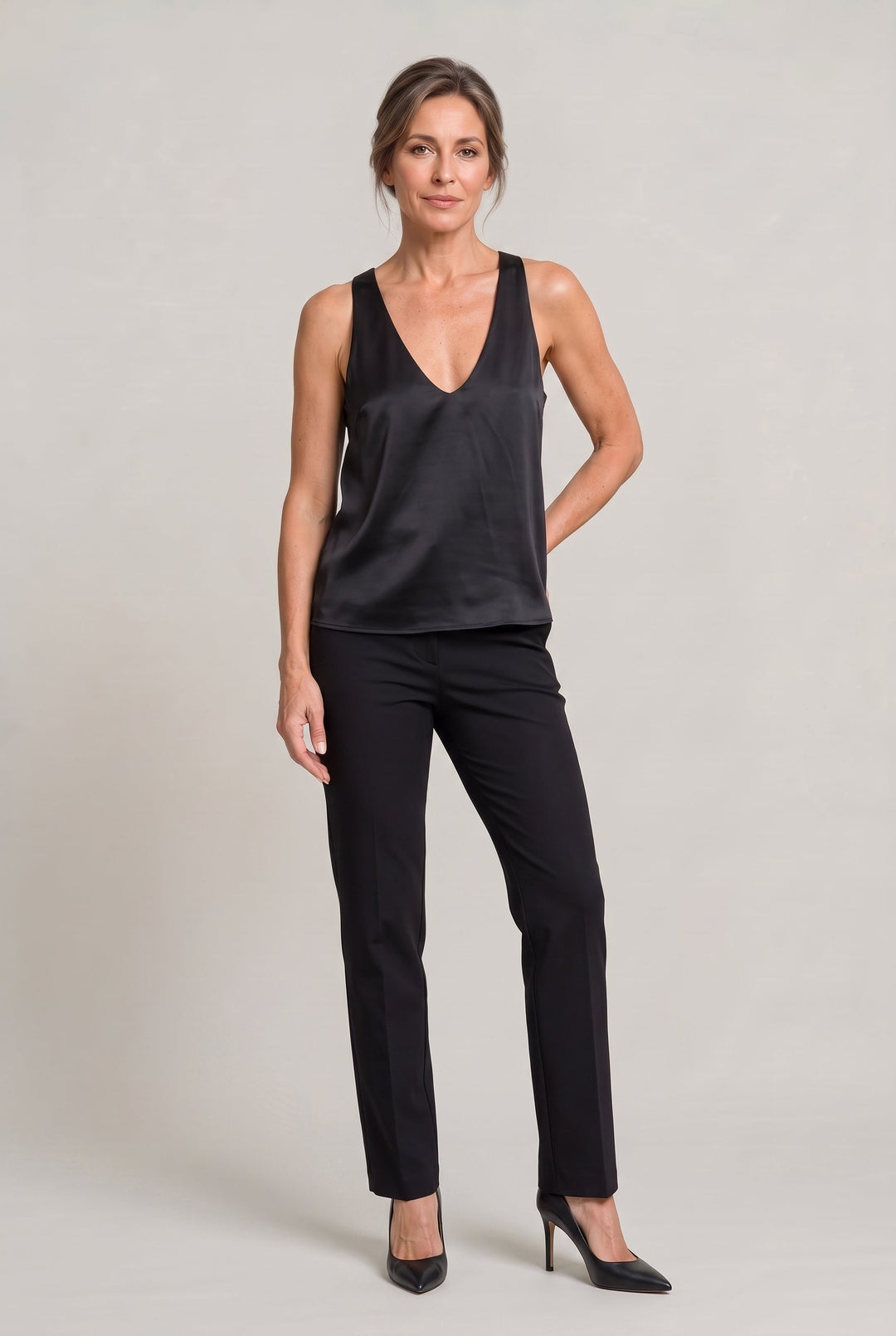 Isolde deep V-neck satin cami top in Black – full-length outfit