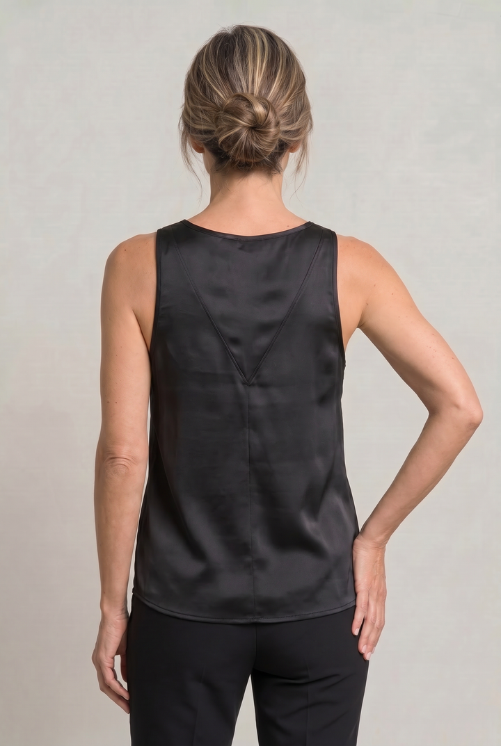 Isolde deep V-neck satin cami top in Black – back view
