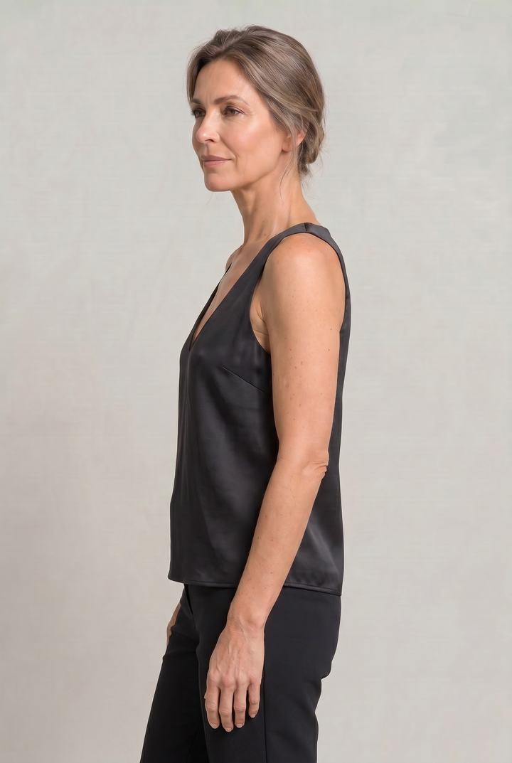 Isolde deep V-neck satin cami top in Black – side view