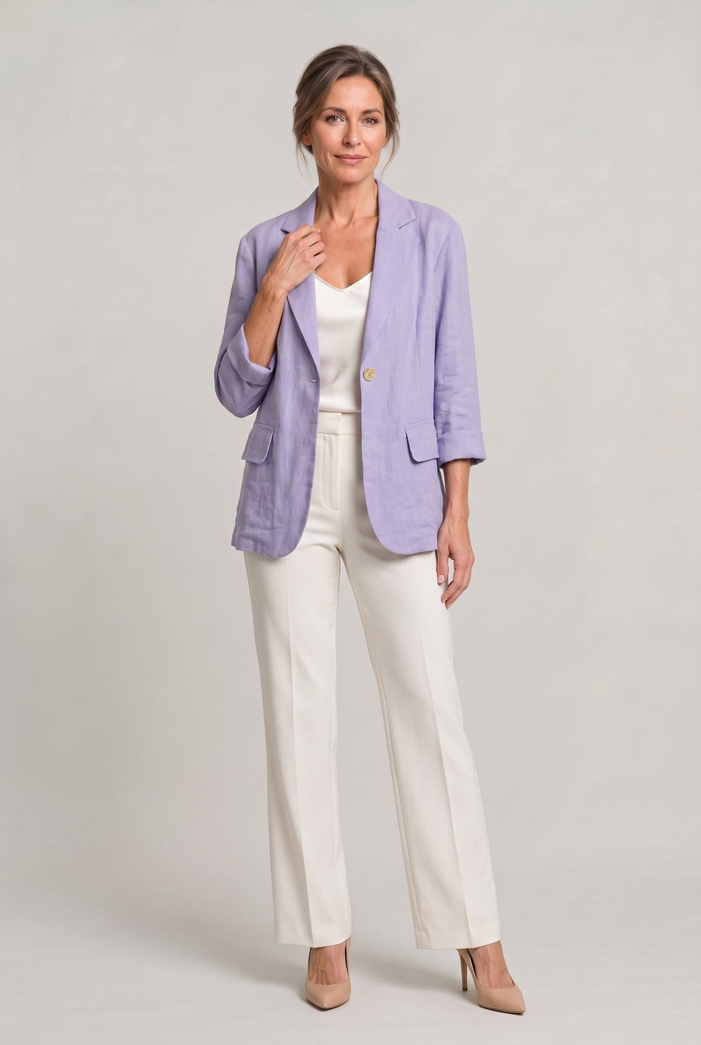 Women's Relaxed Single-Button Blazer with Rolled Sleeves – Ashbourne – Lilac – full-length front view