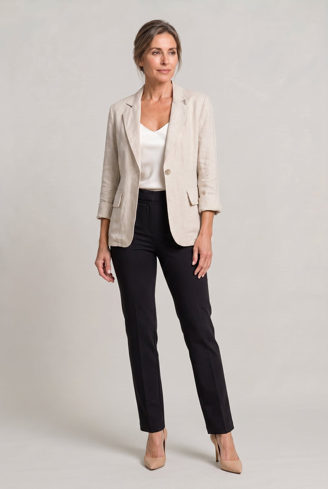 Women's Relaxed Single-Button Blazer with Rolled Sleeves – Ashbourne – Stone – full-length front view