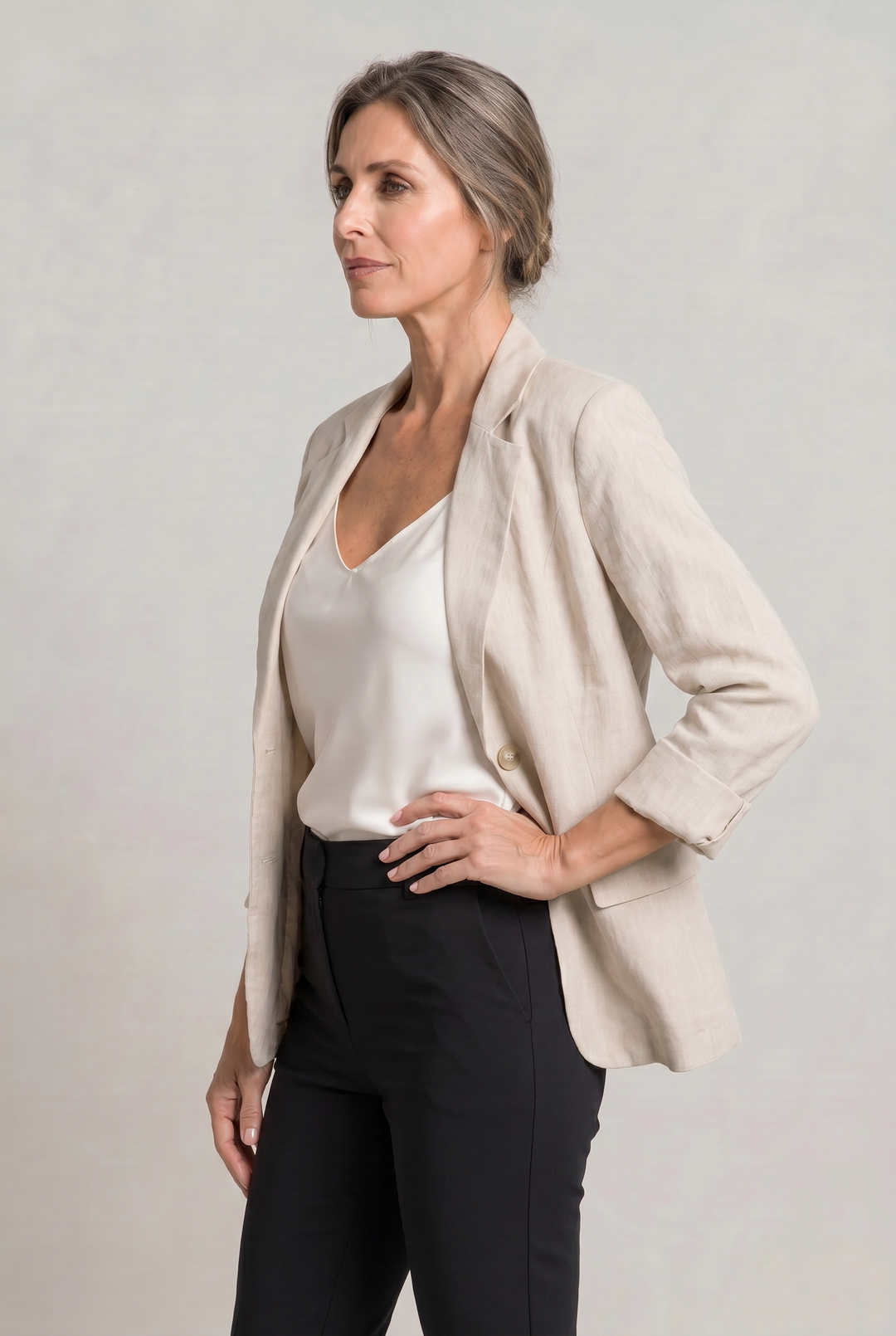 Women's Relaxed Single-Button Blazer with Rolled Sleeves – Ashbourne – Stone – side view