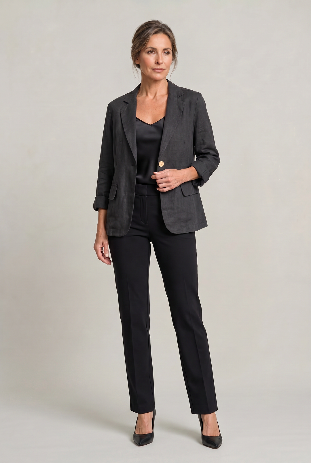 Women's Relaxed Single-Button Blazer with Rolled Sleeves – Ashbourne – Charcoal – full-length front view