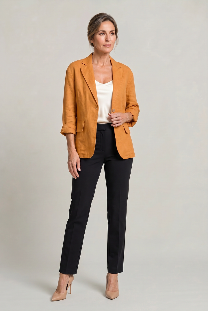 Women's Relaxed Single-Button Blazer with Rolled Sleeves – Ashbourne – Orange – full-length front view