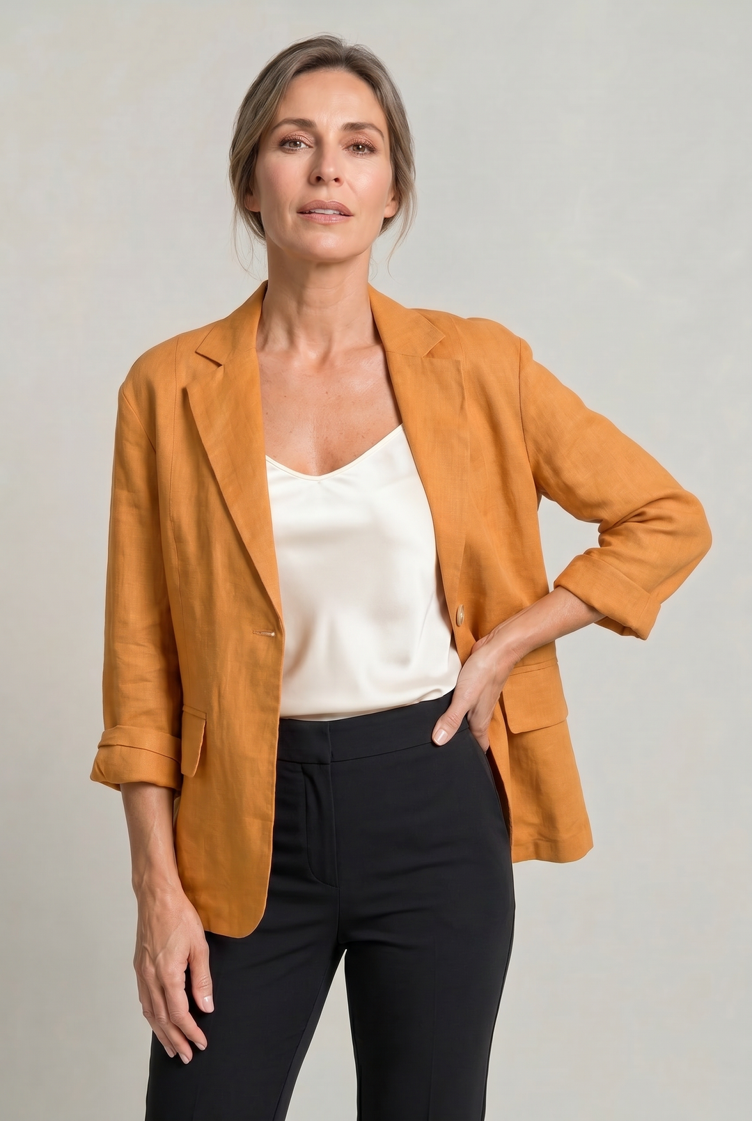 Women's Relaxed Single-Button Blazer with Rolled Sleeves – Ashbourne – Orange – front view