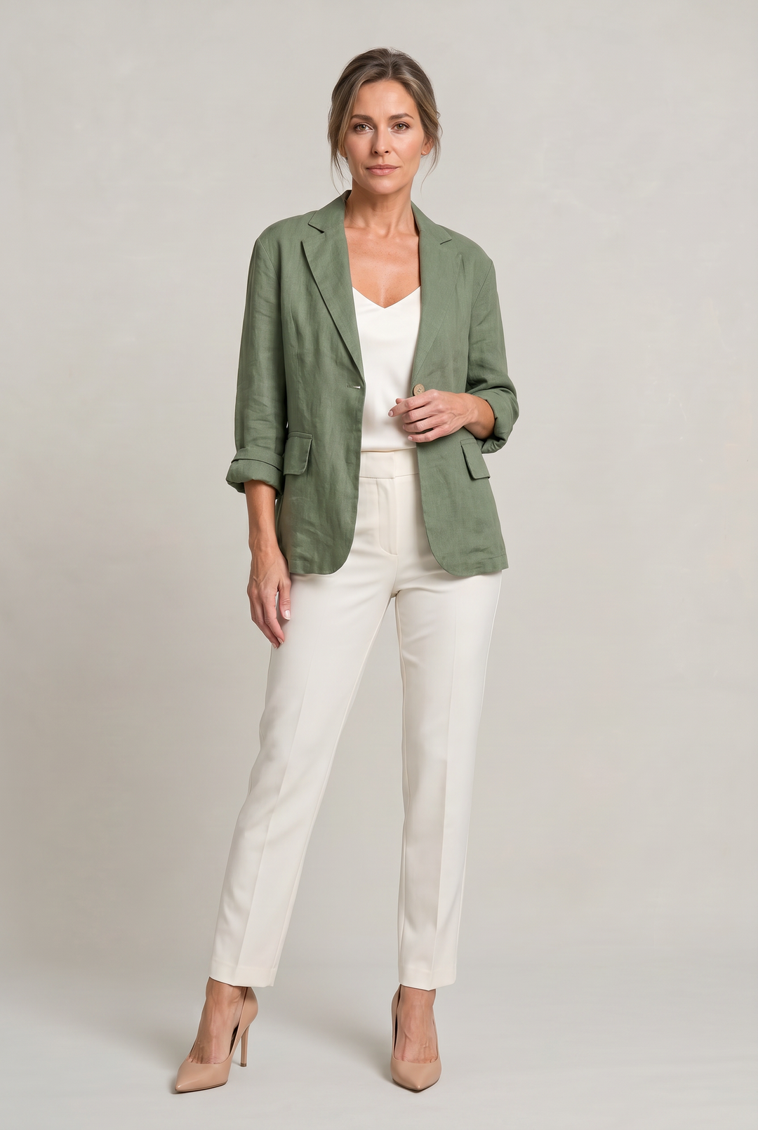 Women's Relaxed Single-Button Blazer with Rolled Sleeves – Ashbourne – Green – full-length front view