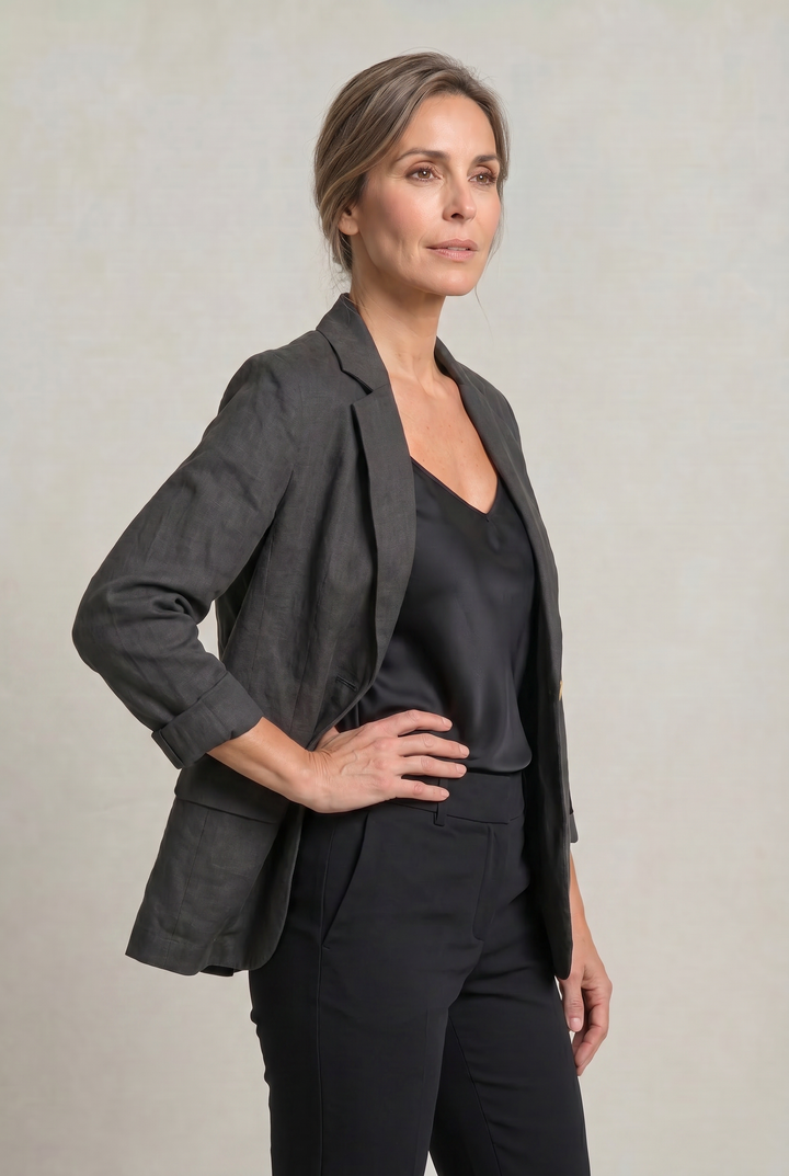Women's Relaxed Single-Button Blazer with Rolled Sleeves – Ashbourne – Charcoal – side view