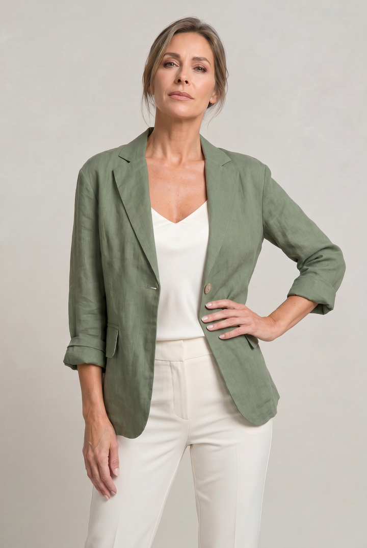Women's Relaxed Single-Button Blazer with Rolled Sleeves – Ashbourne – Green – front view