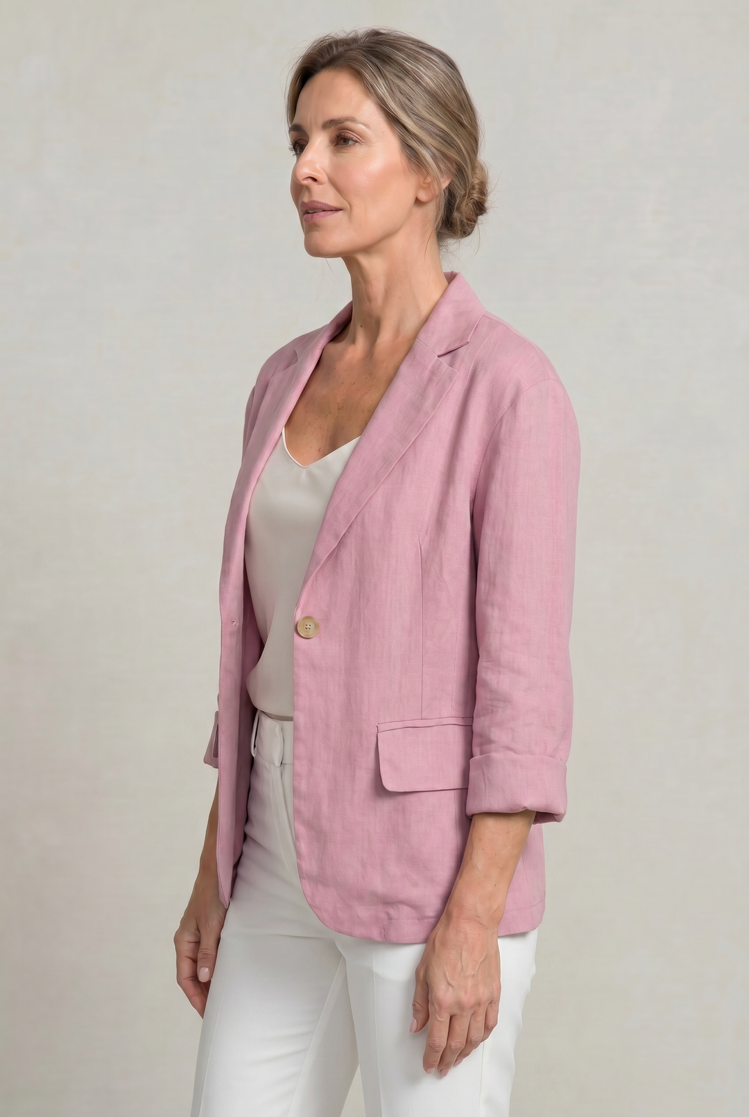 Women's Relaxed Single-Button Blazer with Rolled Sleeves – Ashbourne – Pink – side view