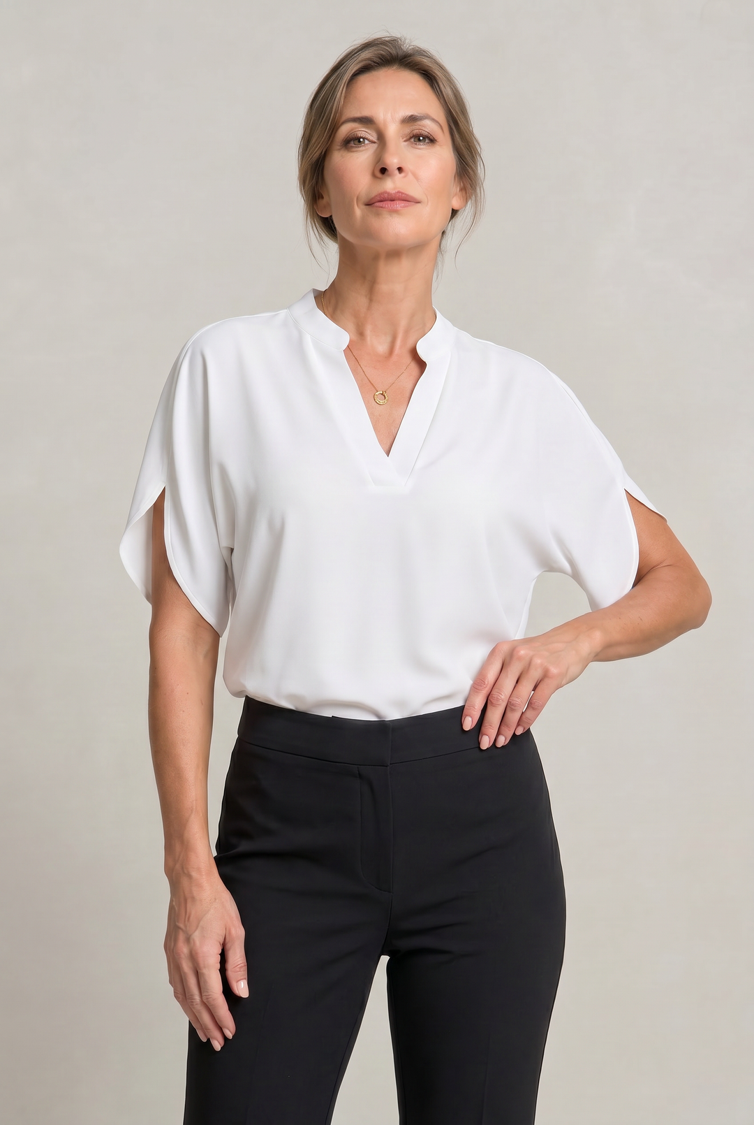 Rosalind notch V-neck petal sleeve top in White – front view