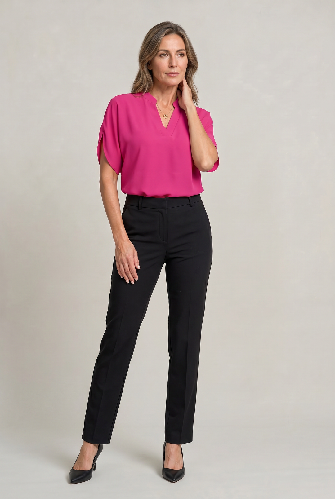Rosalind notch V-neck petal sleeve top in Pink – full-length outfit