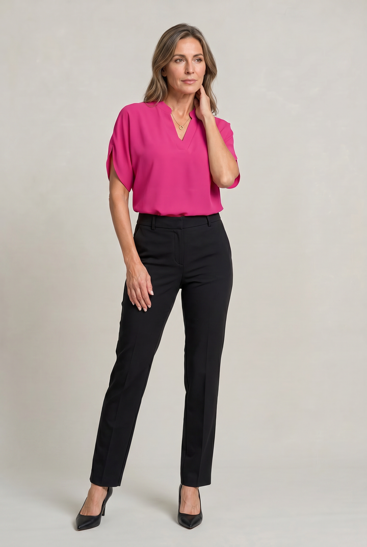 Rosalind notch V-neck petal sleeve top in Pink – full-length outfit