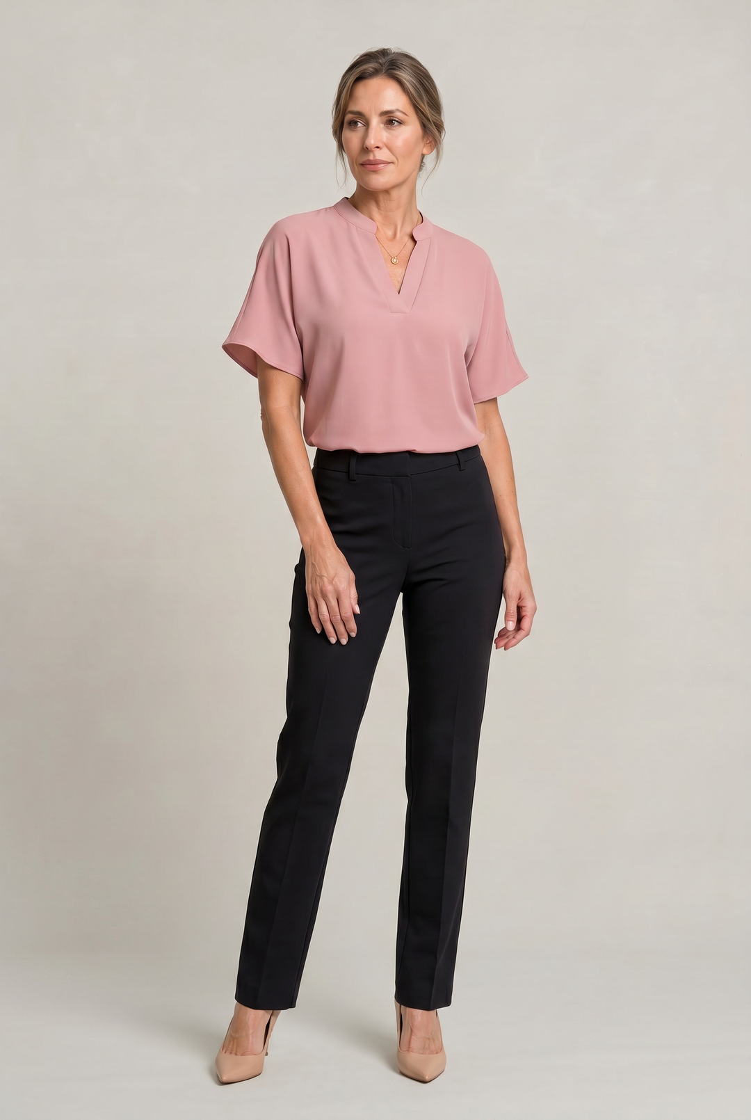 Rosalind notch V-neck petal sleeve top in Pink – worn by model