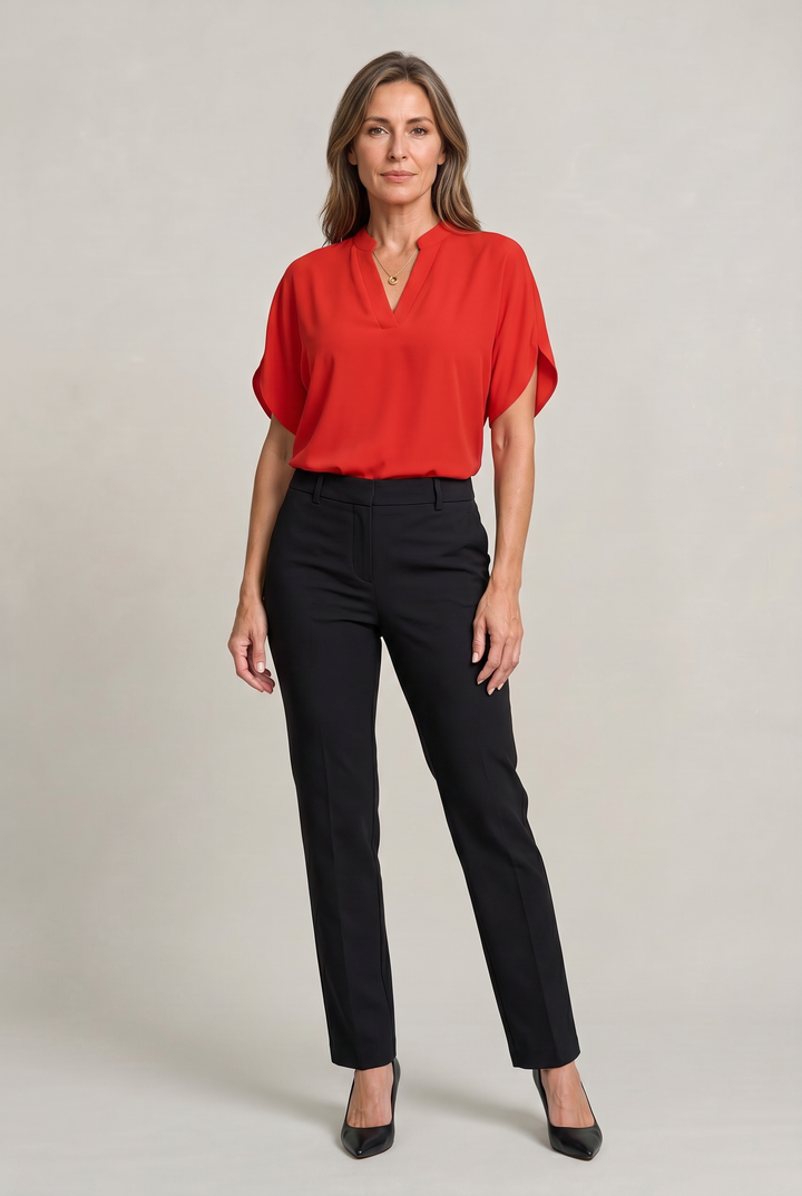 Rosalind notch V-neck petal sleeve top in Black – worn by model