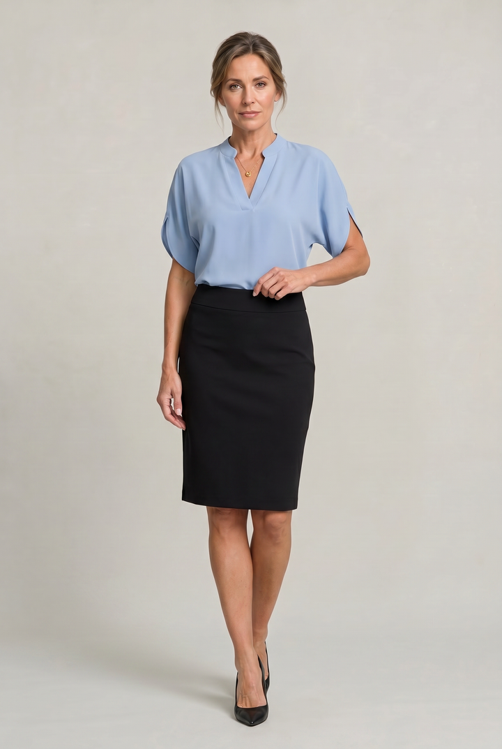 Rosalind notch V-neck petal sleeve top in Red – worn by model