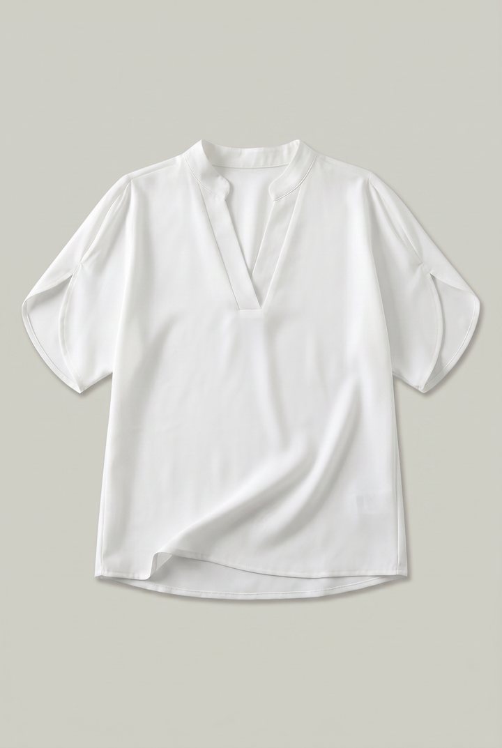 Rosalind notch V-neck petal sleeve top in White – flat lay