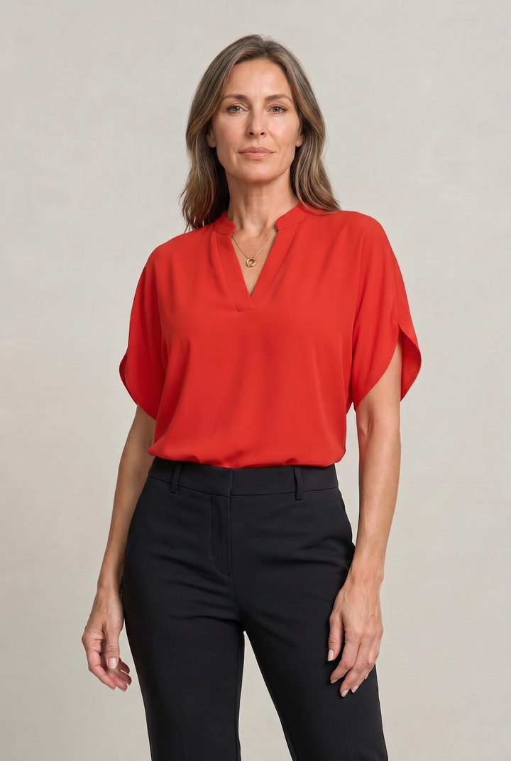 Rosalind notch V-neck petal sleeve top in Red – front view