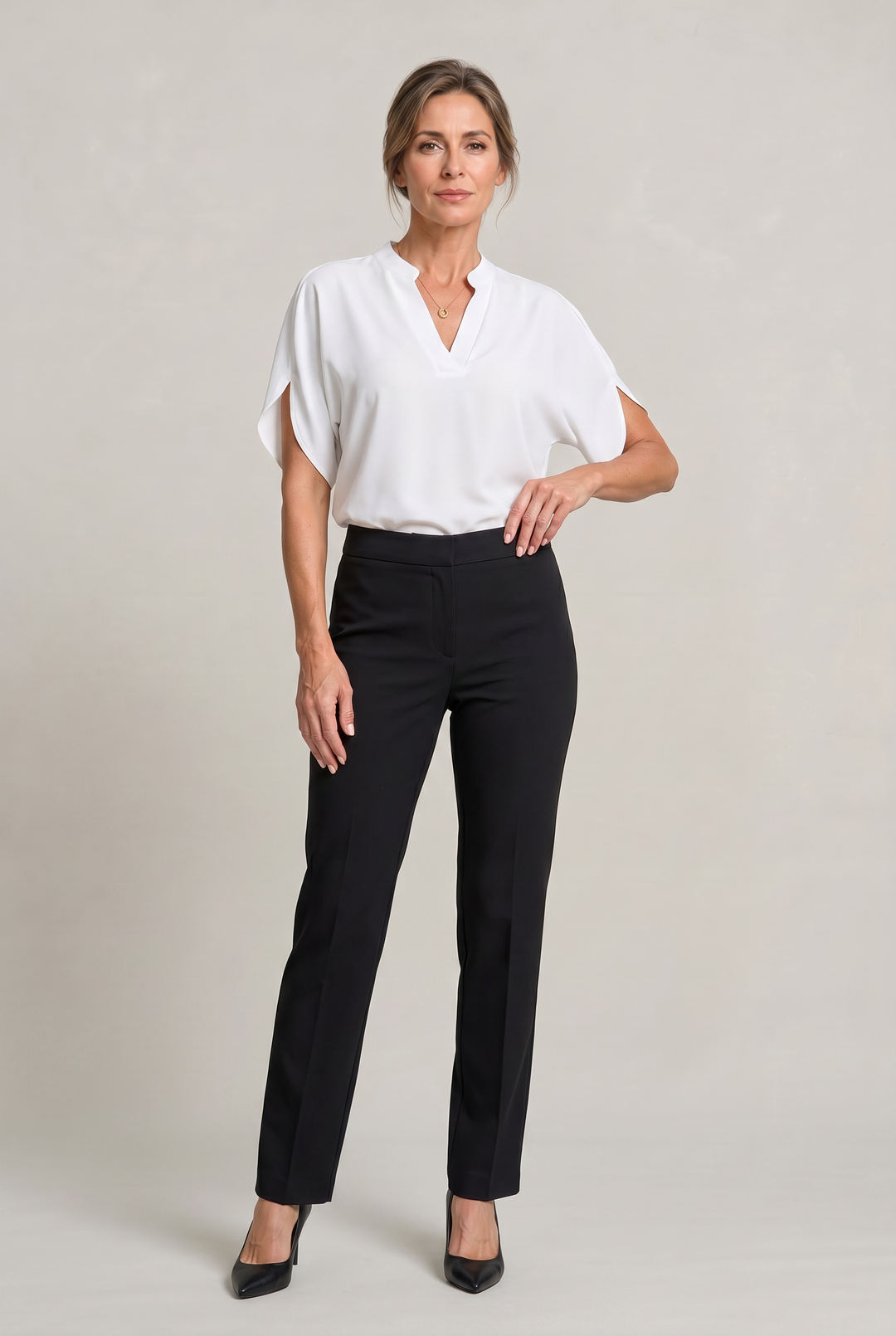 Rosalind notch V-neck petal sleeve top in White – full-length outfit