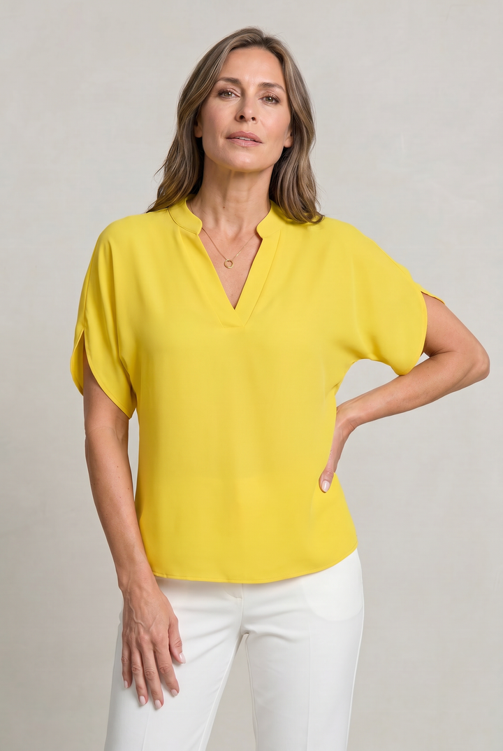 Rosalind notch V-neck petal sleeve top in Yellow – front view